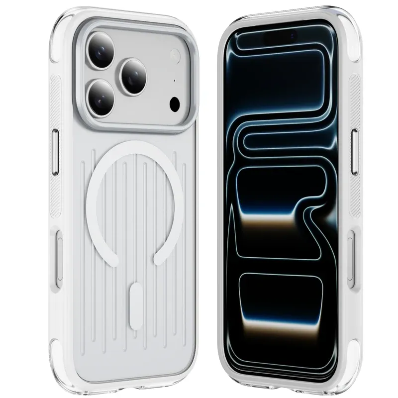 White solid airbag luggage MagSafe case for iPhone 18 Pro, front and back