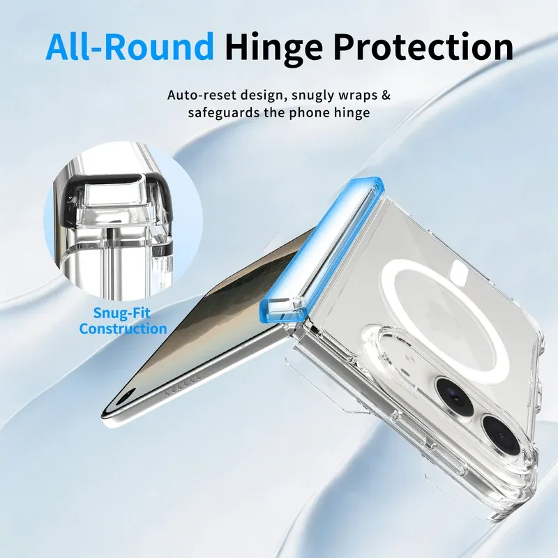 All-round hinge protection with auto-reset design on the clear case for iPhone Duo