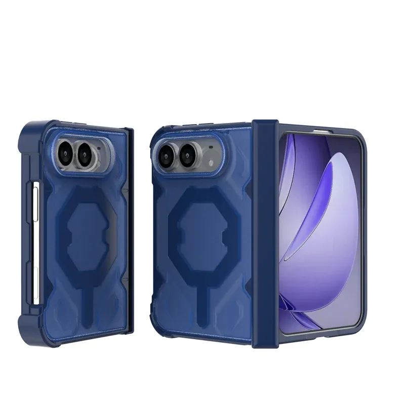 Navy blue translucent Shield fold case for iPhone Duo, folded, semi-clear back with a solid colour frame