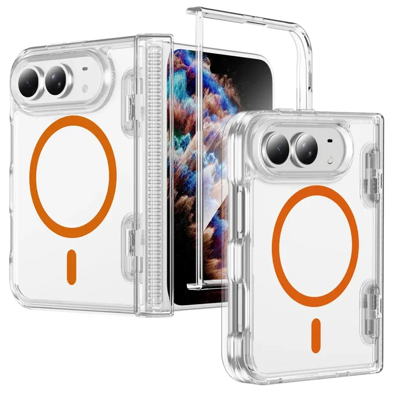 Orange spring hinge crystal clear magnetic ring case for iPhone Duo, folded and unfolded