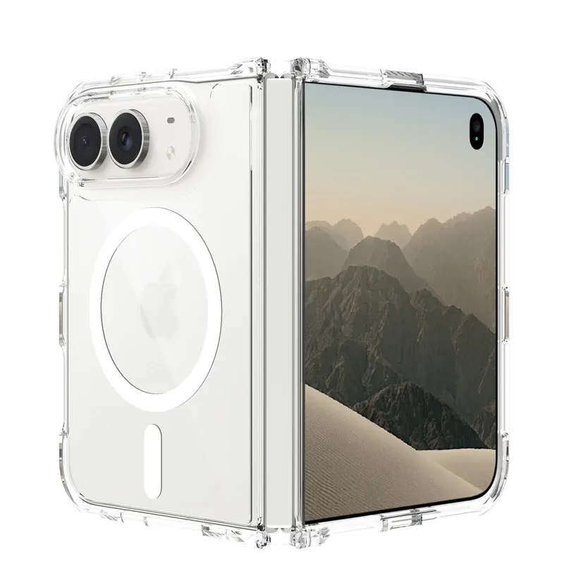 Clear 2.0 anti-scratch magnetic case for iPhone Duo, folded and open view