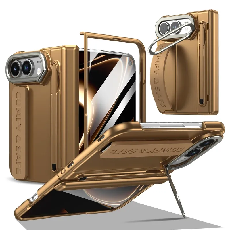 Golden all-in-one fold case for iPhone Duo with an aluminium lens bracket, stylus and wristband