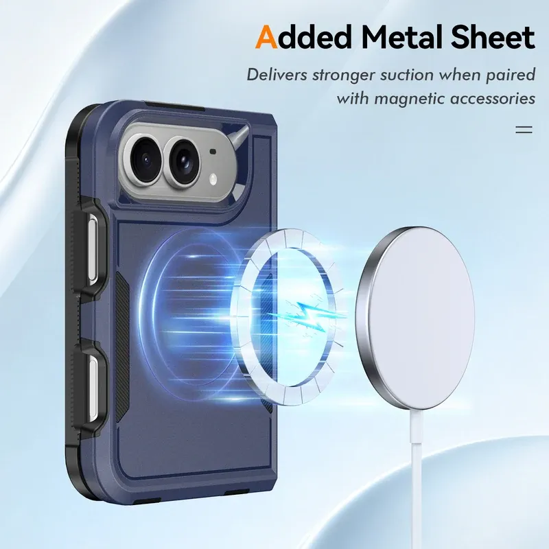 Added metal sheet for magnetic accessories on the navy Qihang case for iPhone Duo