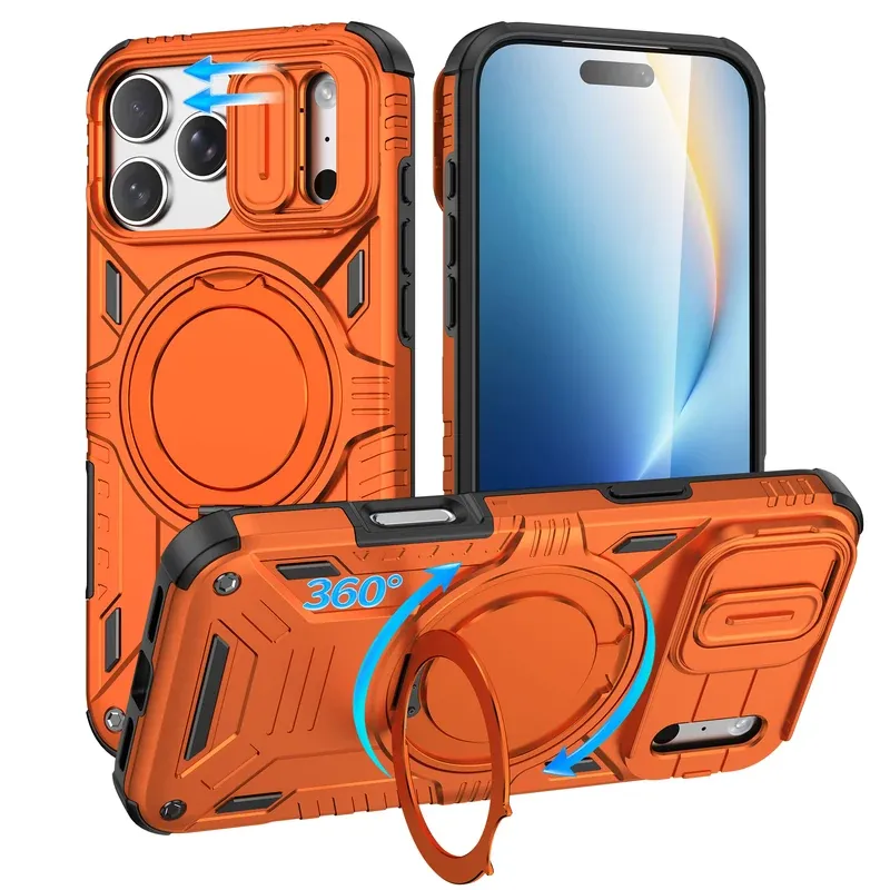 Orange armor case for iPhone 18 Pro with a rotating magnetic ring stand and sliding camera cover