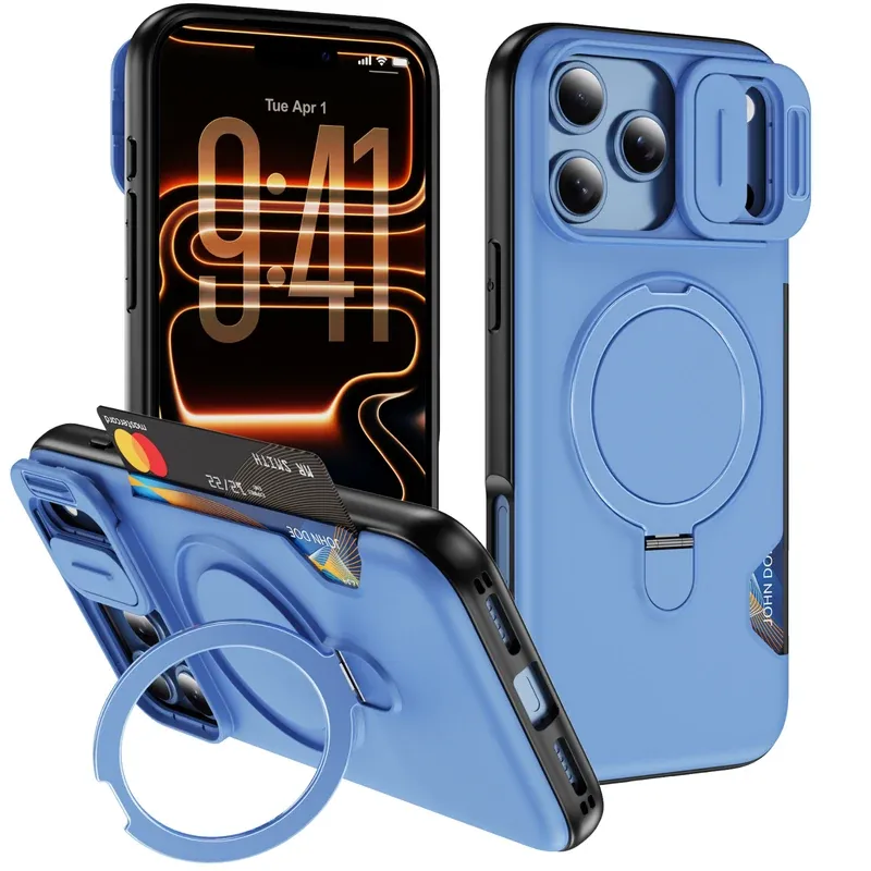 Light blue slide-window MagSafe case for iPhone 18 Pro Max with kickstand and card slot