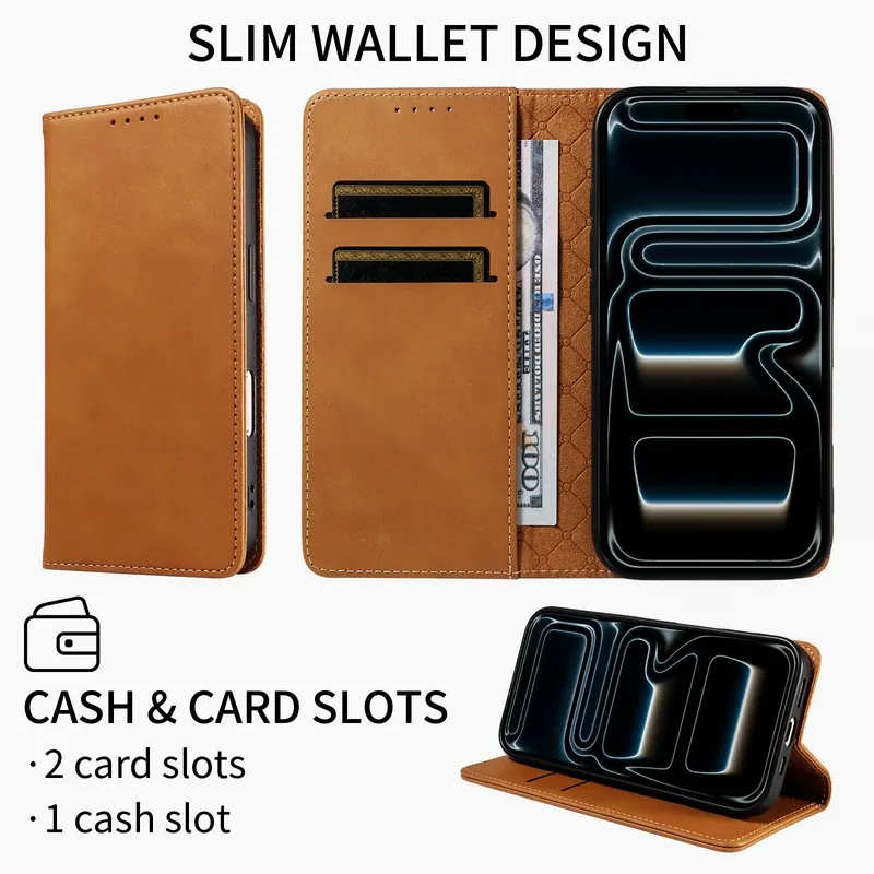 Camel microfiber leather wallet case for iPhone 18 Pro, closed front and inside with card slots