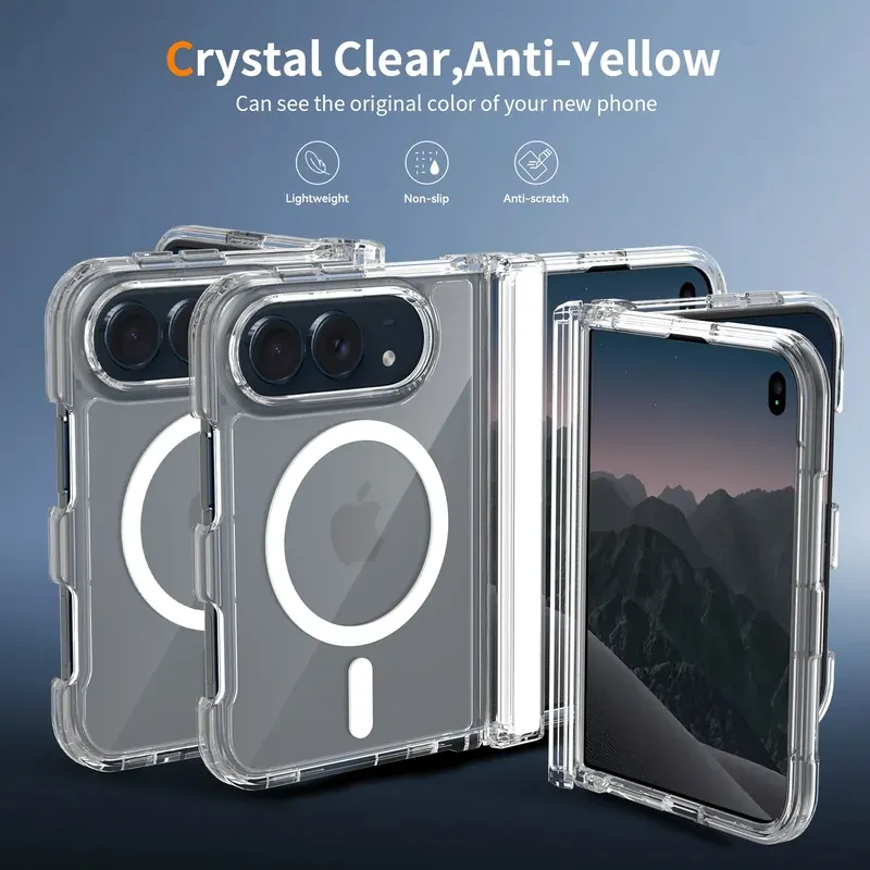 Clear 2.0 anti-scratch hinge cover case for iPhone Duo, folded and open view