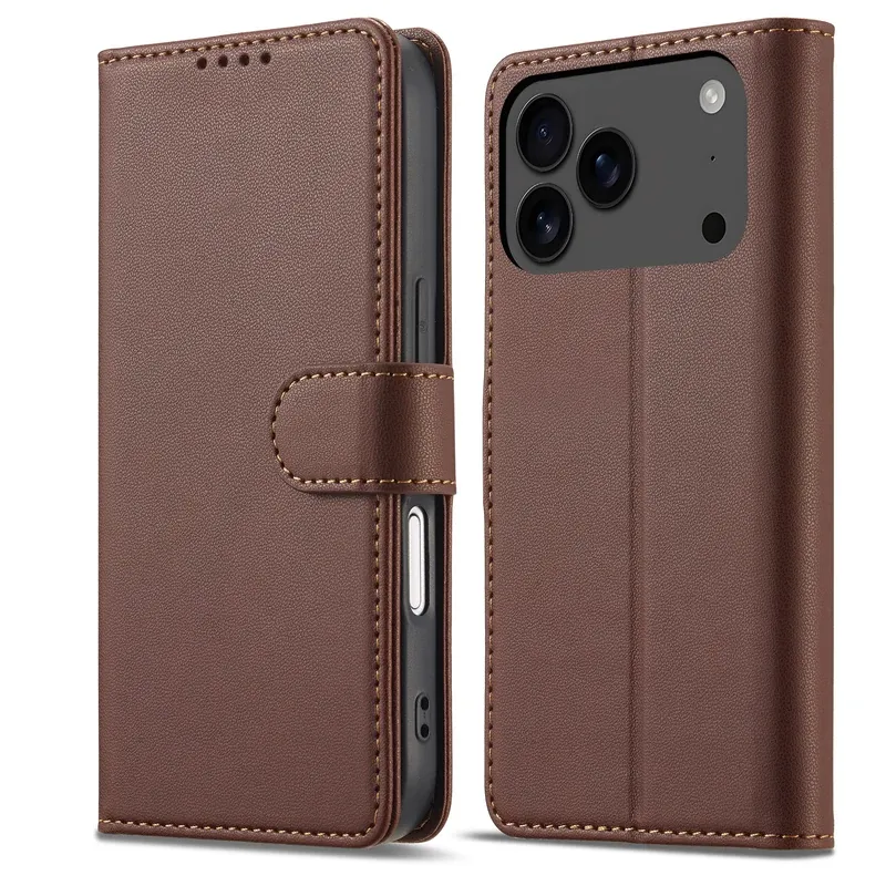 Brown R20 leather wallet case for iPhone 18 Pro Max, closed front and back view
