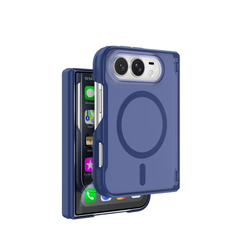 Navy blue Pudun dual mid-axis case for iPhone Duo, folded back view