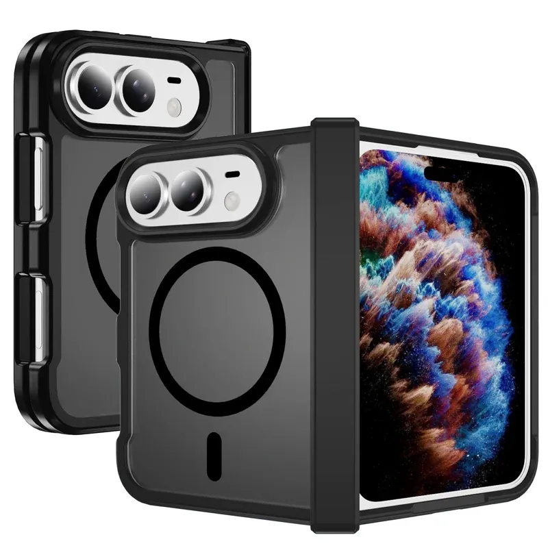 Black skin-feel magnetic ring case for iPhone Duo, front and back view
