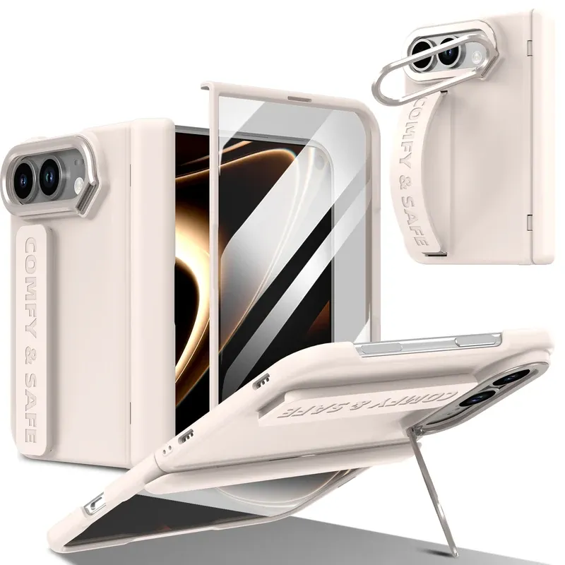 Apricot golden eye back strap fold case for iPhone Duo, folded front and back with the camera bracket