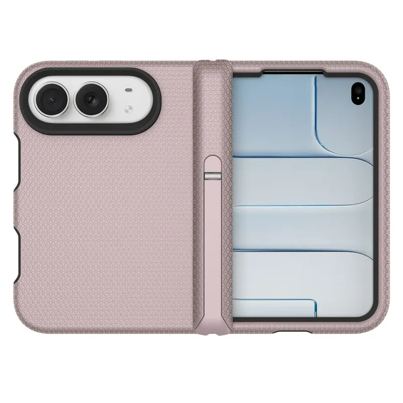 Rose gold NewShield mid-axis bracket case for iPhone Duo, folded and unfolded