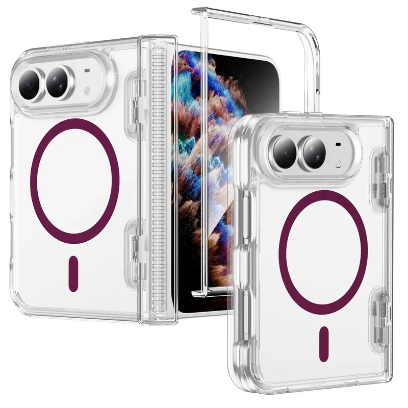 Deep Cherry Red spring hinge crystal clear magnetic ring case for iPhone Duo, folded and unfolded