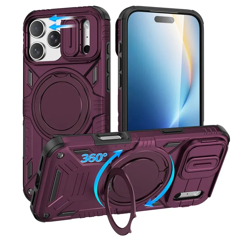 Cherry red armor case for iPhone 18 Pro with a rotating magnetic ring stand and sliding camera cover