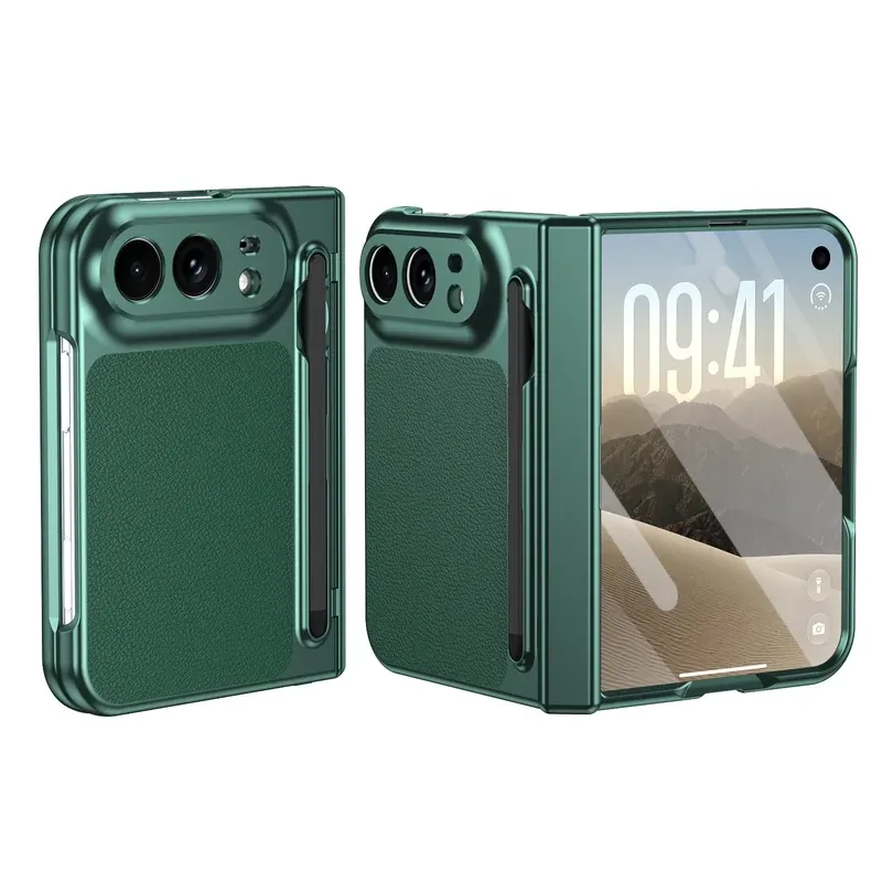 Green golden armor pen slot fold case for iPhone Duo, folded front and back with the stylus