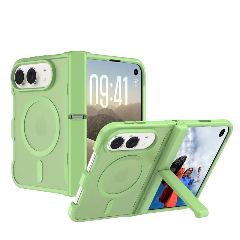 Matcha green skin-feel spring hinge kickstand case for iPhone Duo, folded with the adjustable stand
