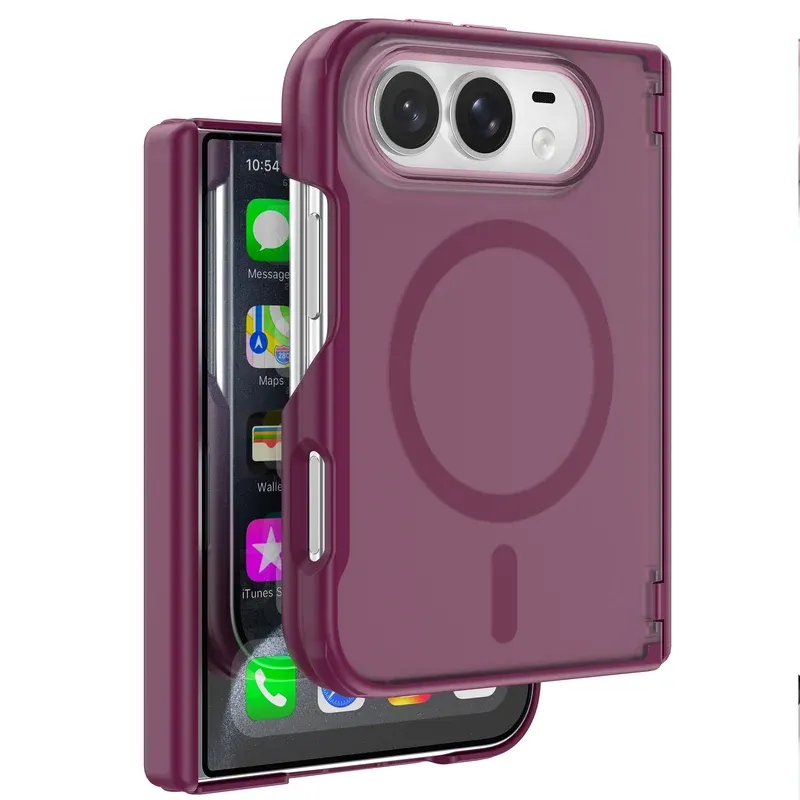 Cherry red Pudun dual mid-axis case for iPhone Duo, folded back and front view