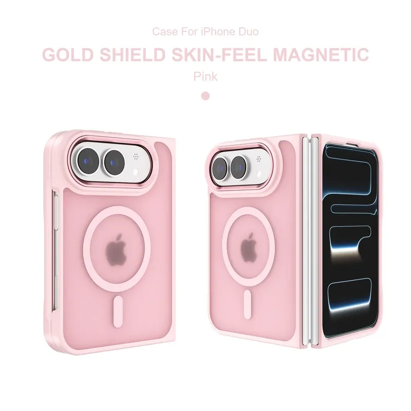 Pink Gold Shield skin-feel magnetic case for iPhone Duo, folded front and back