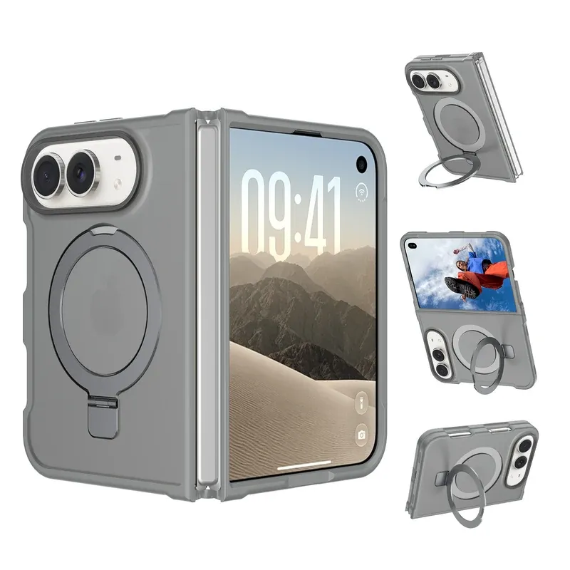 Smoky gray MagSafe ring grip stand case for iPhone Duo, back and front view