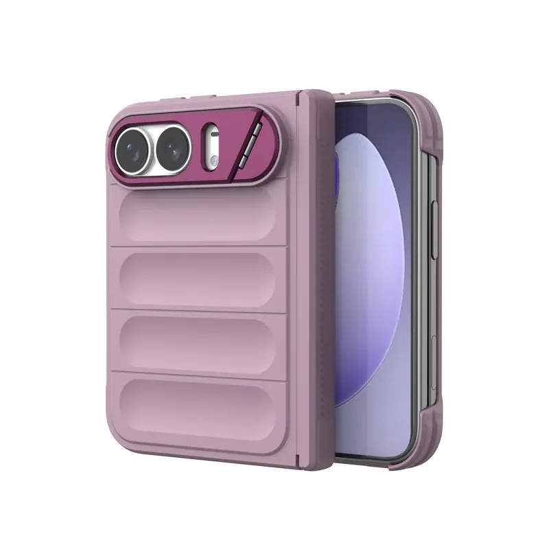 Mauve Phantom Shield case for iPhone Duo, folded, with a folding metal lens stand