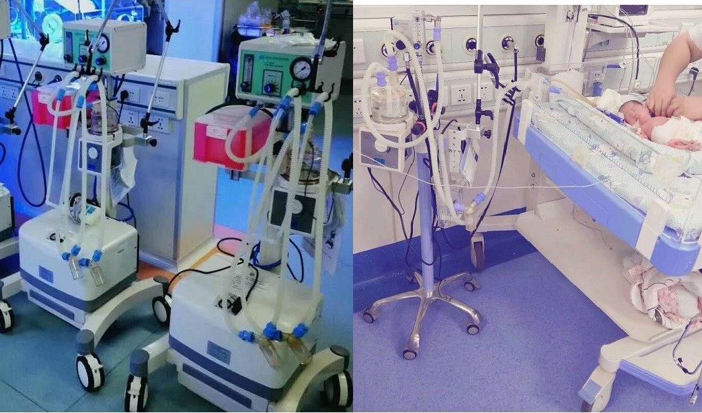 Pigeon bubble CPAP systems in clinical use - NICU installation beside infant incubator
