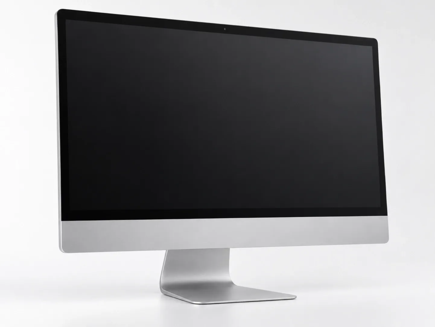 27-inch silver non-functional AIO prop desktop with large black display screen and modern stand