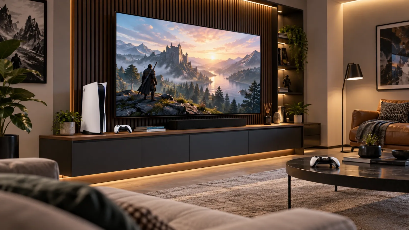 White dummy game console with 65-inch prop TV in a premium furniture showroom media-room display