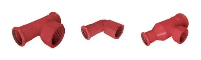 Red plastic-coated carbon steel press fittings - female tee types A and C and a 90 degree elbow type B