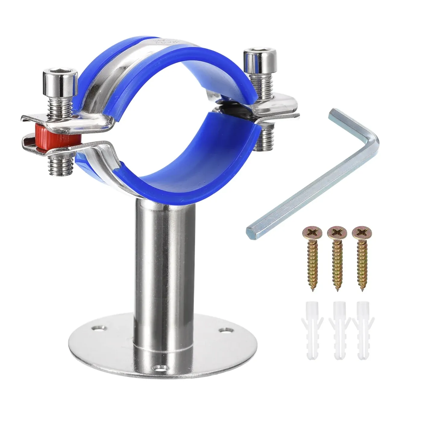 Single pipe clamp with rubber insert and bracket base for pipe-to-support fixing