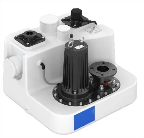 Submersible sewage pump installed in an HDPE lifting-station tank with cast iron pump body and flange outlet