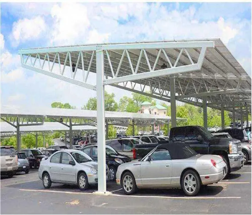 Photovoltaic carport structure with steel frame and module roof covering parking bays