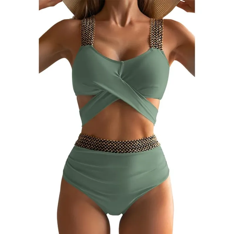 Beaded Strap Wrap Bikini Set Green
