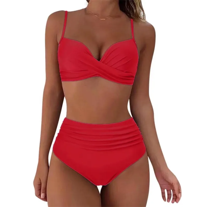 High-Waisted Ruched Wrap Bikini Set-Red