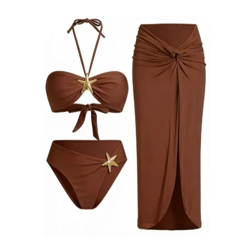 Starfish Detail Bikini & Sarong Set Coffee