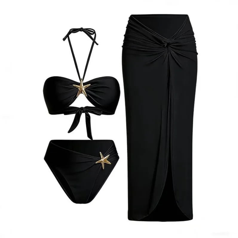 Starfish Detail Bikini & Sarong Set Black