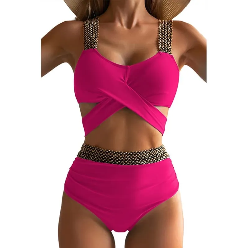 Beaded Strap Wrap Bikini Set Rose