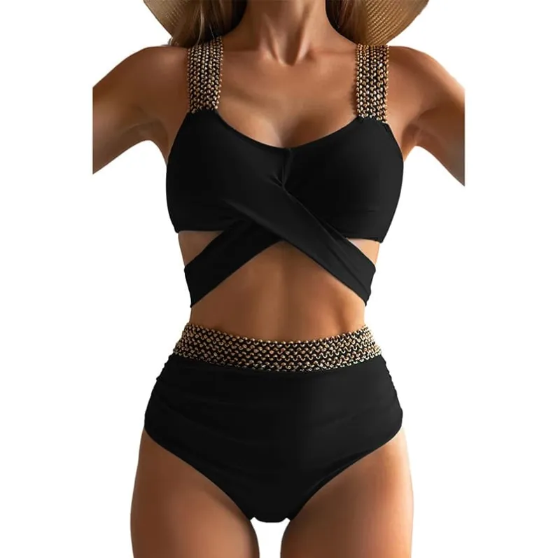 Beaded Strap Wrap Bikini Set Black