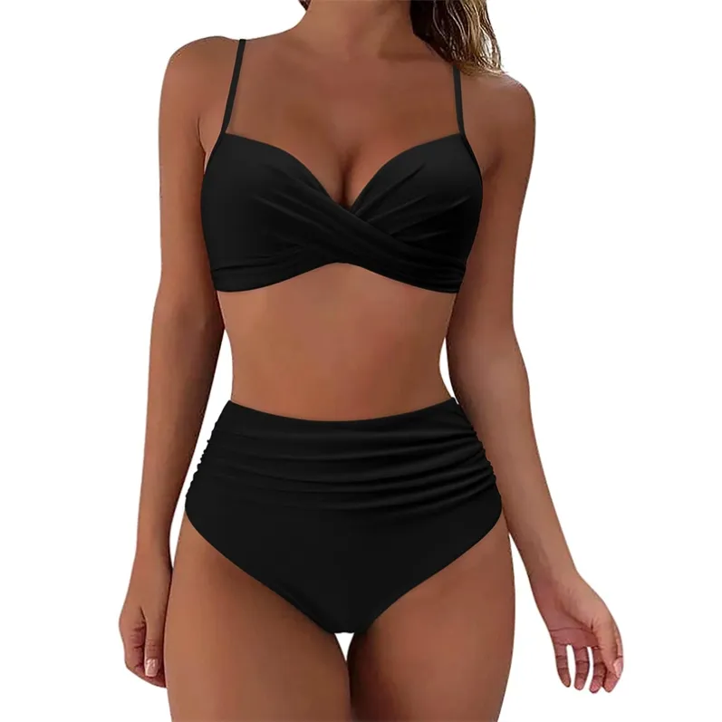 High-Waisted Ruched Wrap Bikini Set-Black