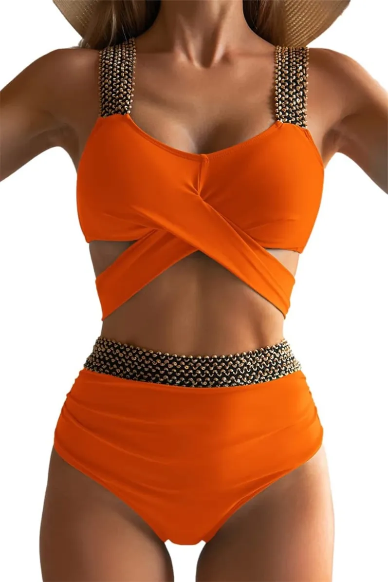 Beaded Strap Wrap Bikini Set Orange