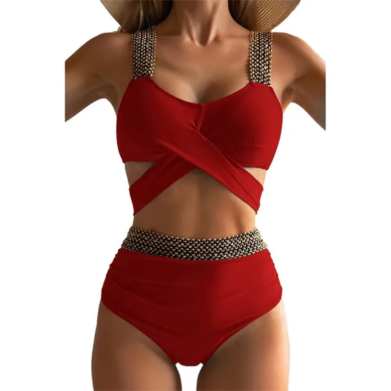 Beaded Strap Wrap Bikini Set Red