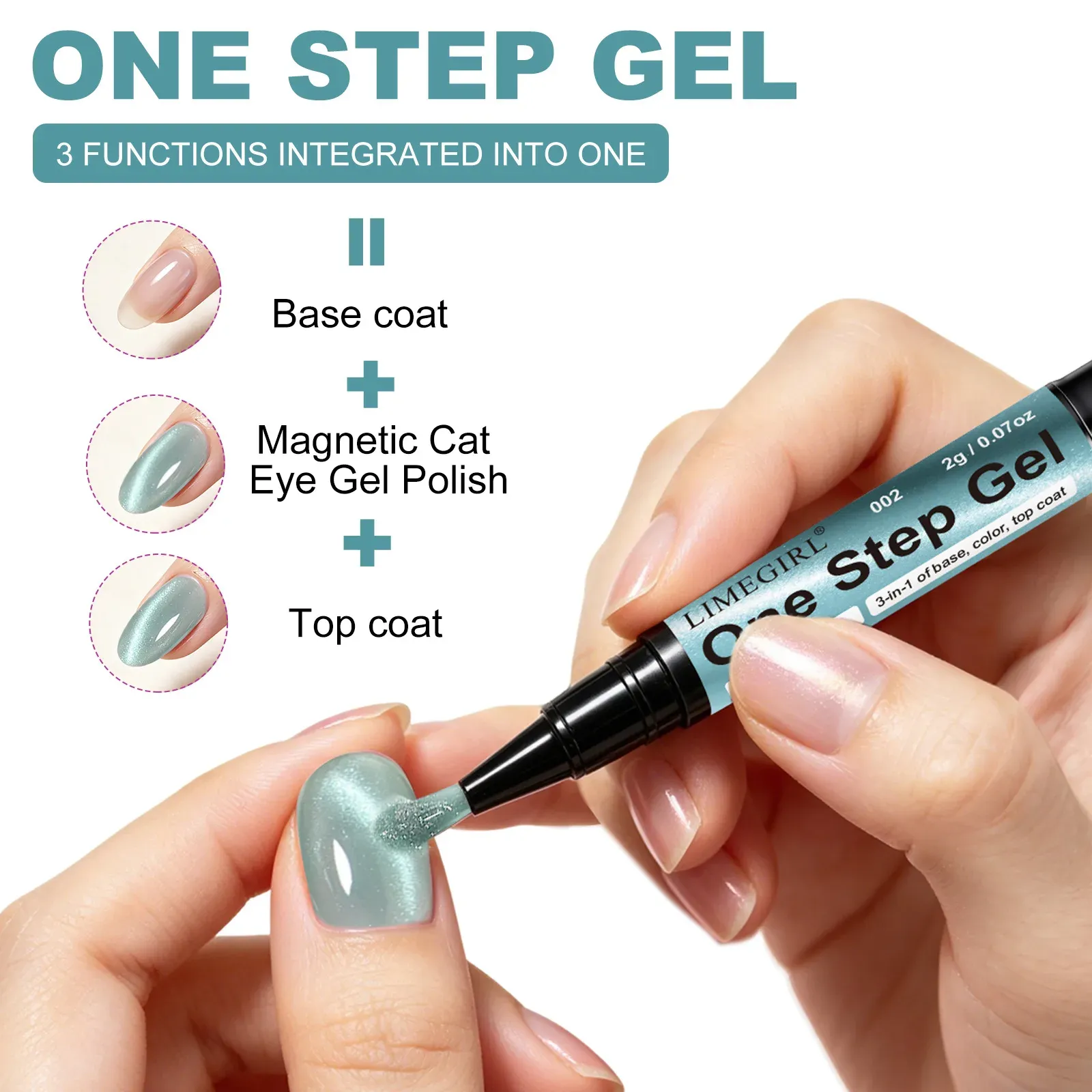3-in-1 all-in-one formula vs traditional gel — base, cat eye color and top in one pen, no wipe