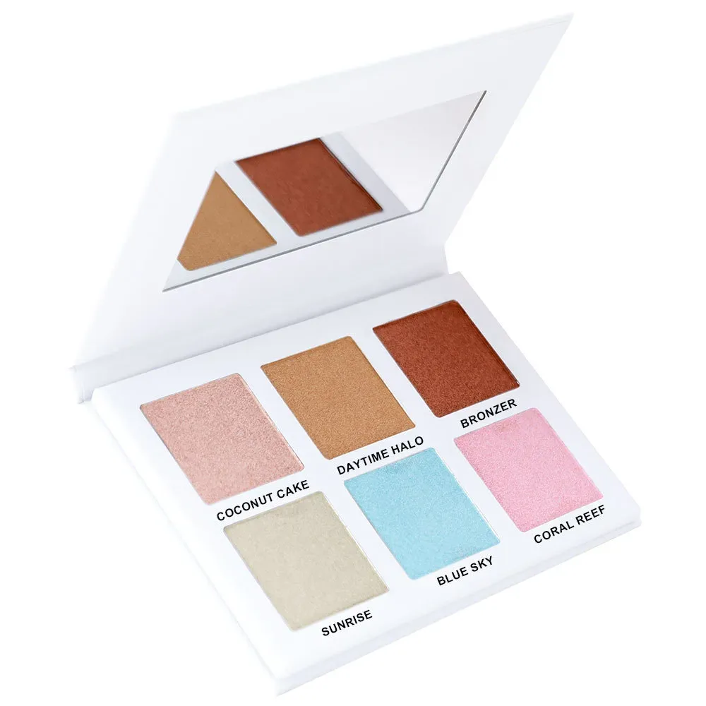 White highlighter palette: Coconut Cake, Daytime Halo, Bronzer, Sunrise, Blue Sky, Coral Reef