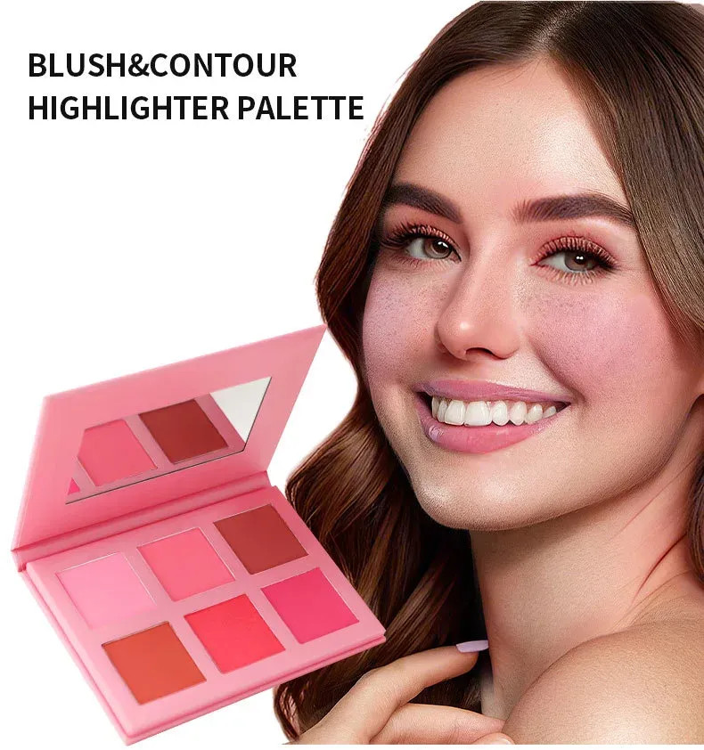 Blush & contour highlighter palette hero with model — pink 6-pan palette with mirror