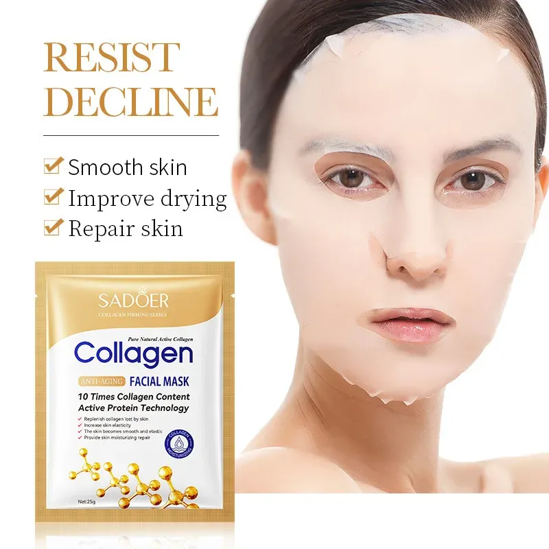 Model wearing the collagen sheet mask — smooth skin, improve drying, repair skin