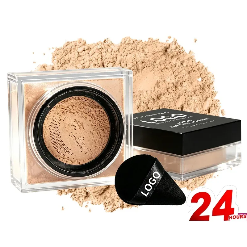 Loose setting powder hero with model and puff — oil control, private label
