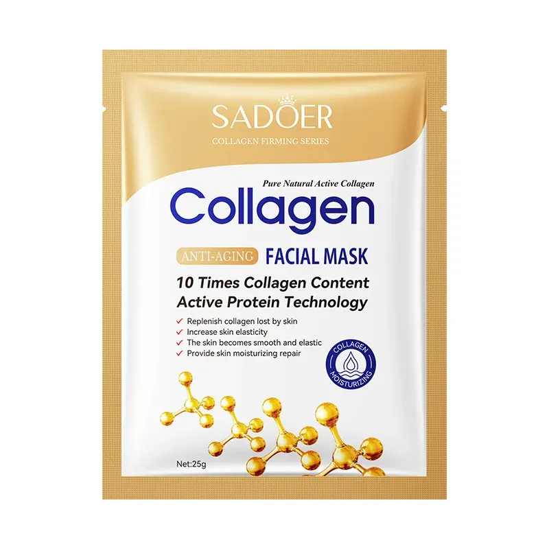 Collagen anti-aging facial mask sachet, 25g, gold molecule design on white sachet