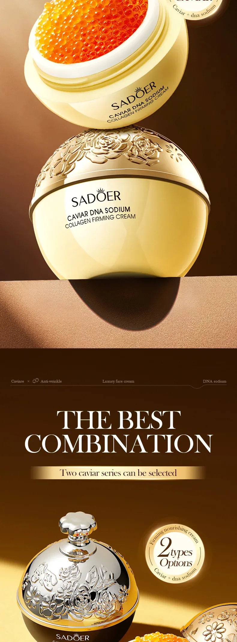 Open jar showing caviar-bead cream texture and engraved golden lid