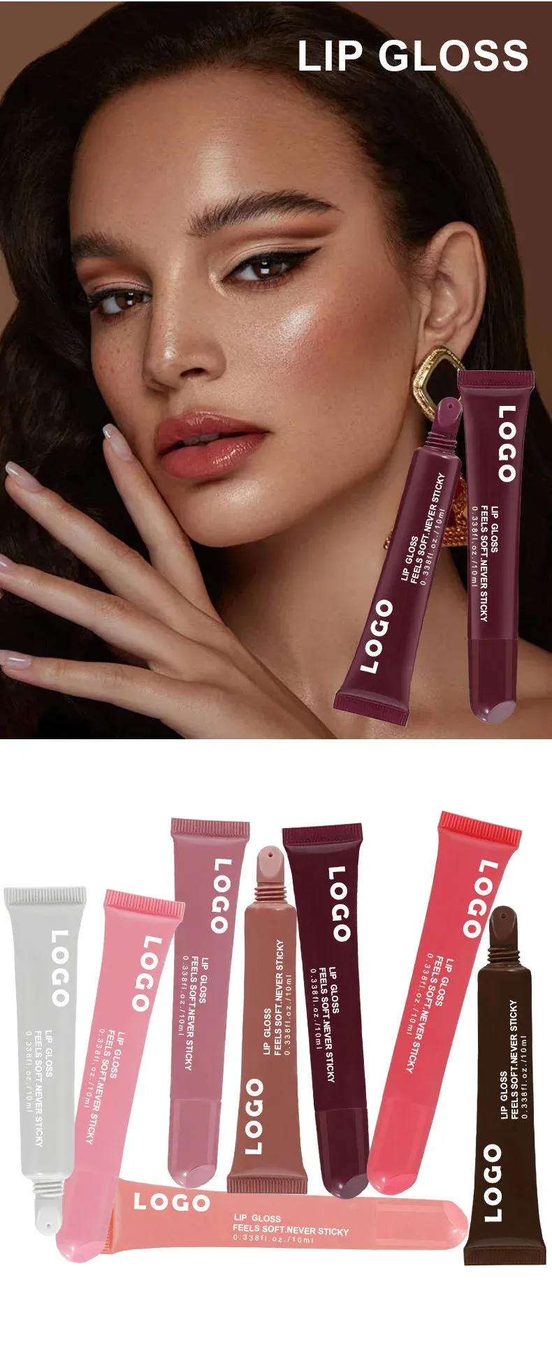 Peptide lip gloss balm hero with model — high-shine, non-sticky, private label