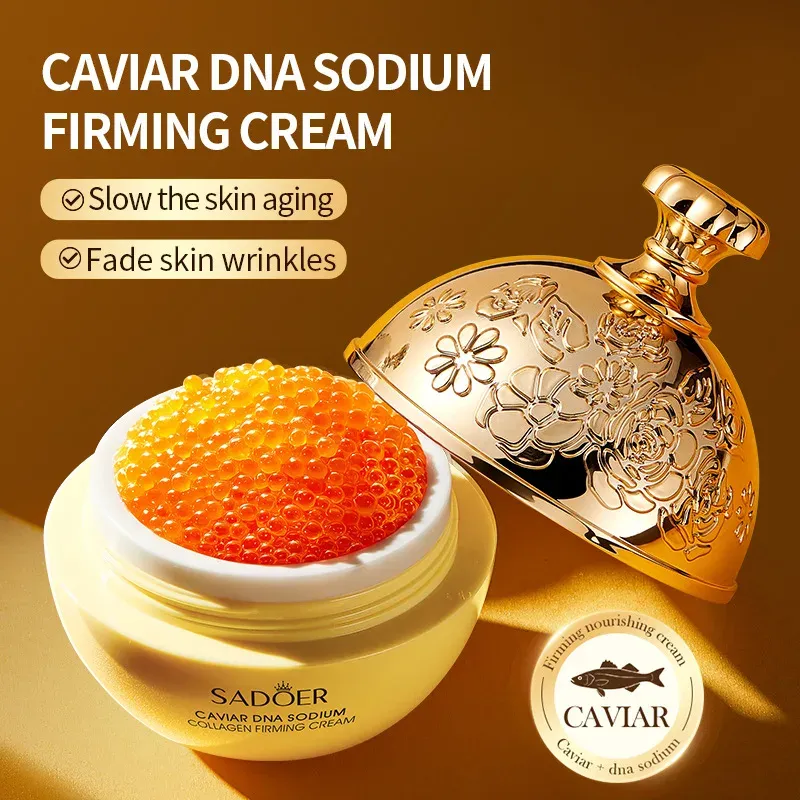 Caviar DNA Sodium firming cream jar with golden floral lid, caviar beads and gift box
