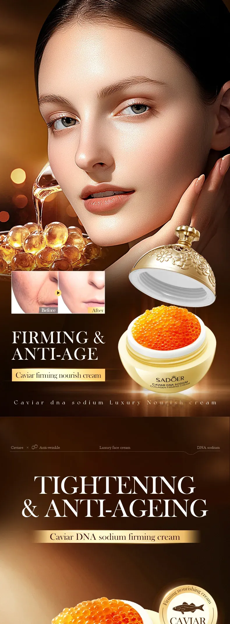Model with smooth firm skin beside open caviar firming cream jar — firming and anti-age